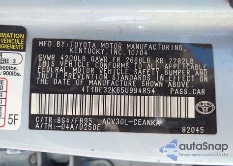 2005 Toyota Camry Le from USA, damaged, VIN 4T1BE32K65U994854